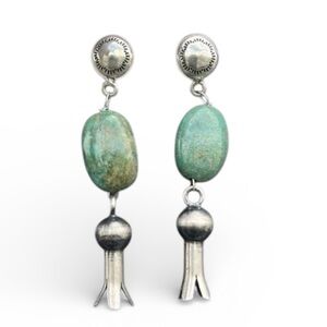 Southwestern Tribal Green Turquoise Sterling Silver Squash Blossom Earrings